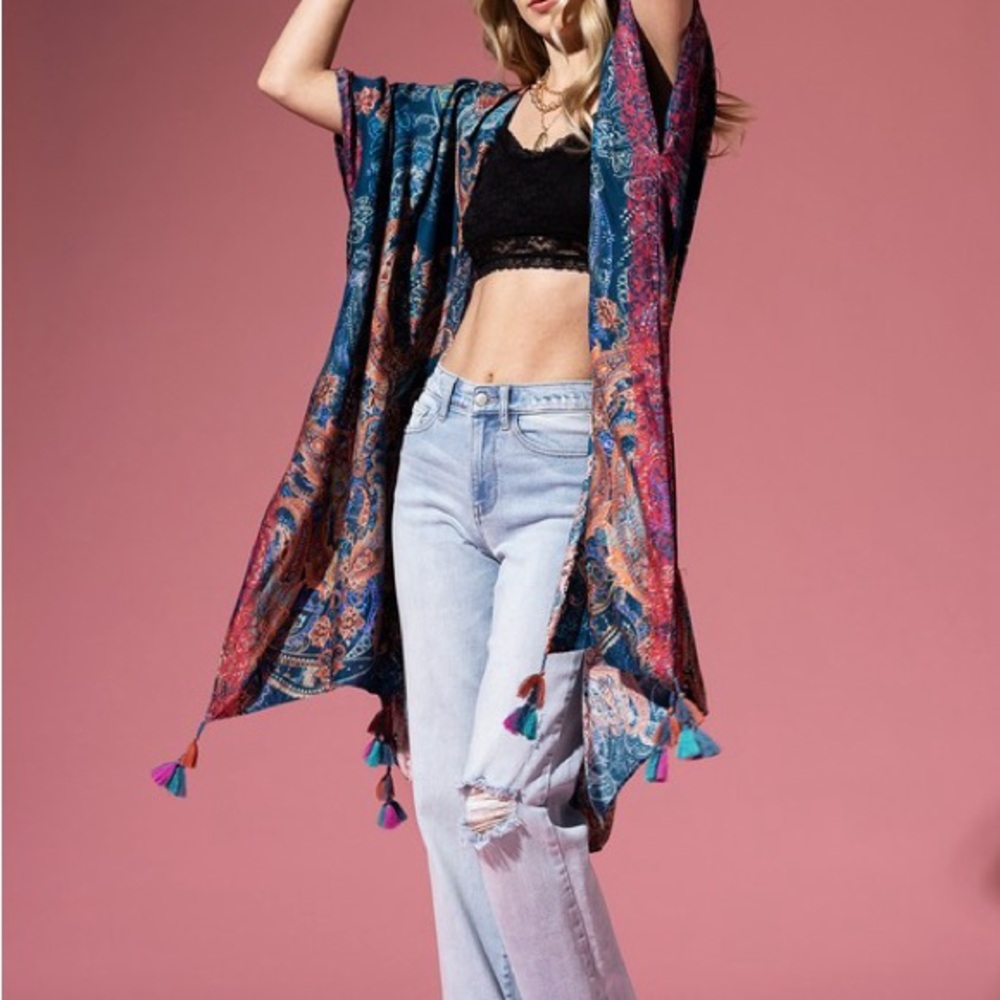 Tassels NWT kimono Ruana exotic viscose or rayon soft flowy bohemian rusts teal